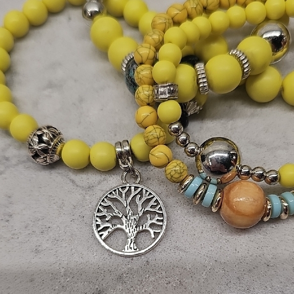 Yellow Beaded Bracelet Set with Silver Accents - Picture 2 of 7